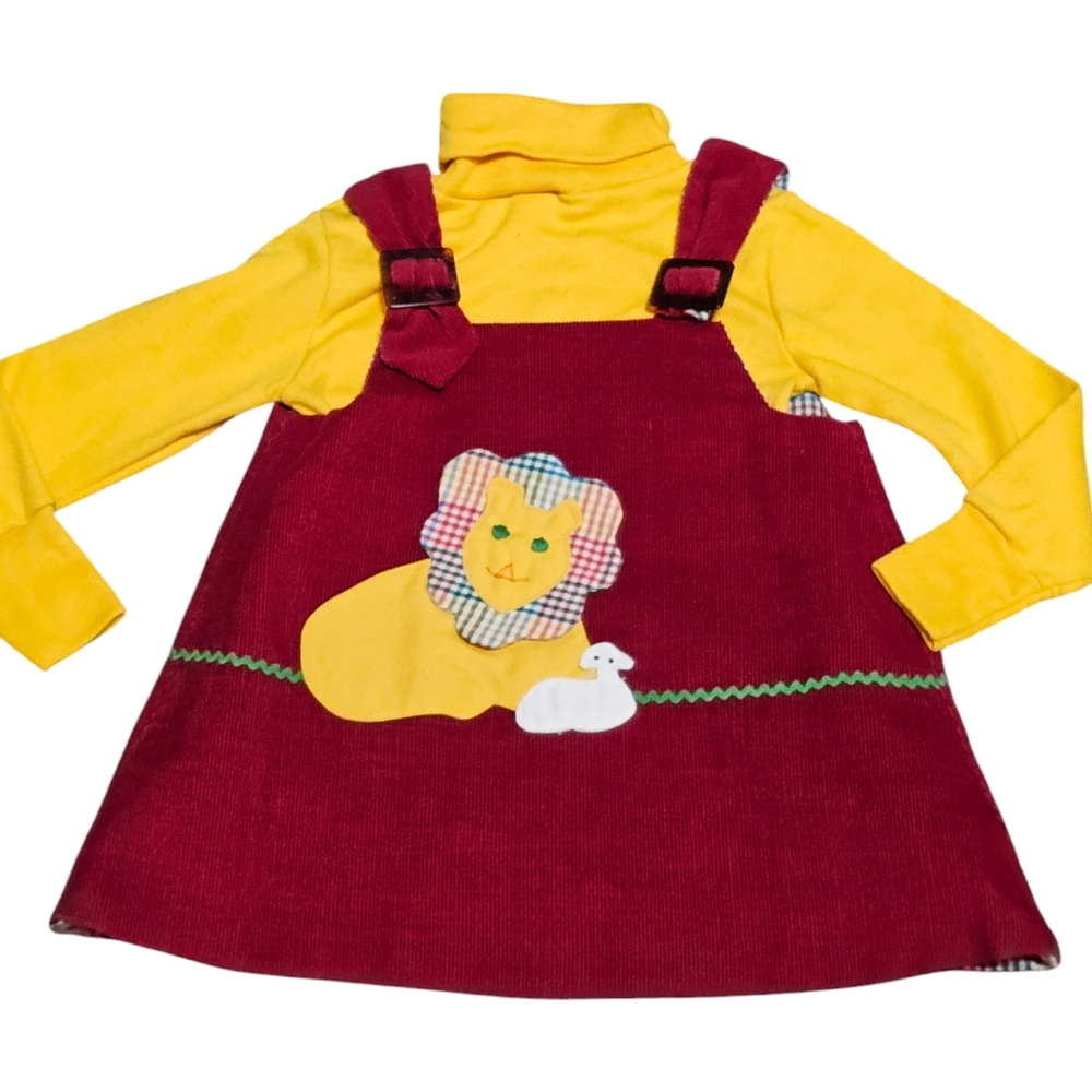 VTG Thee & Me Reversible cord red & gingham Jumper Dress Lion Lamb applique 2T